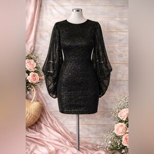 Elegant Black Glitter Mesh Sleeve Bodycon Dress